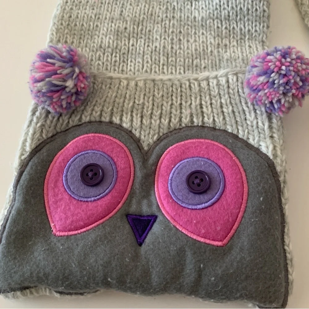Kids Knit Owl Beanie Hat With Matching Pocket Scarf Gray and Pink